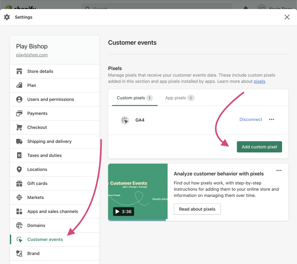 Shopify custom pixel for GA4 using customer events